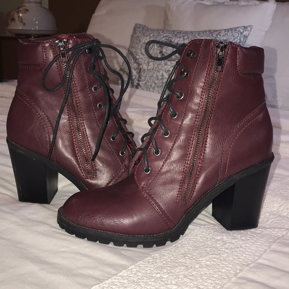 maroon heeled booties